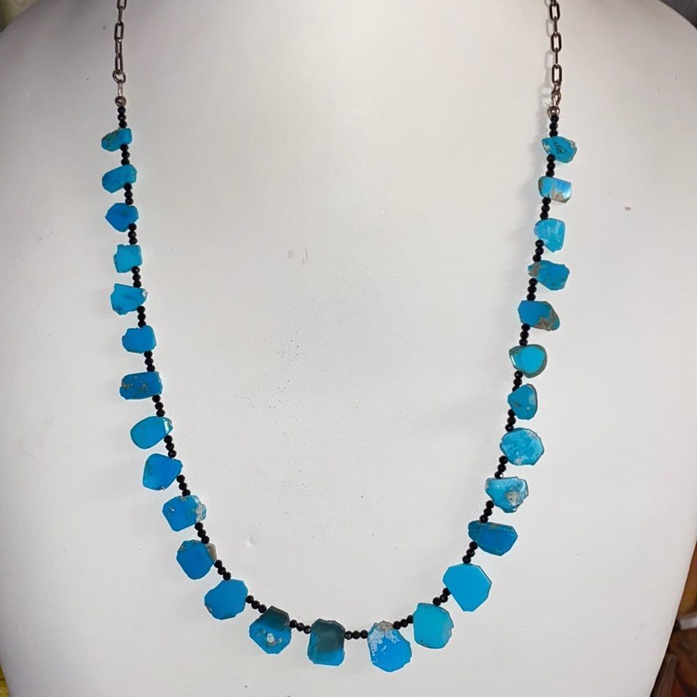 Mini Turquoise Slab & Black Faceted Mini Bead Spacers Necklace